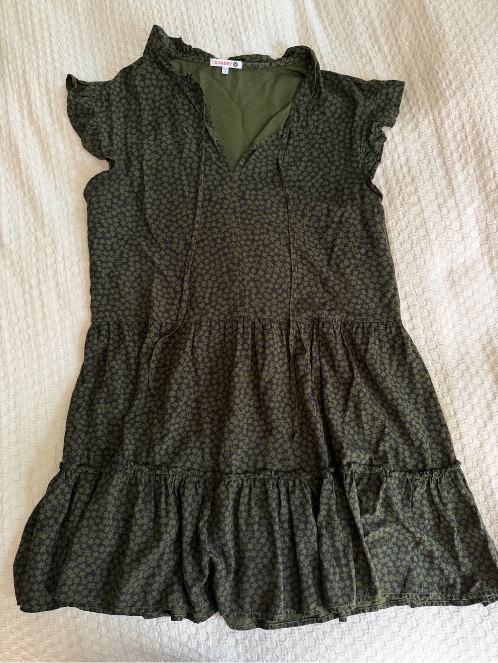 Sundry Olive Green Floral Tiered Dress